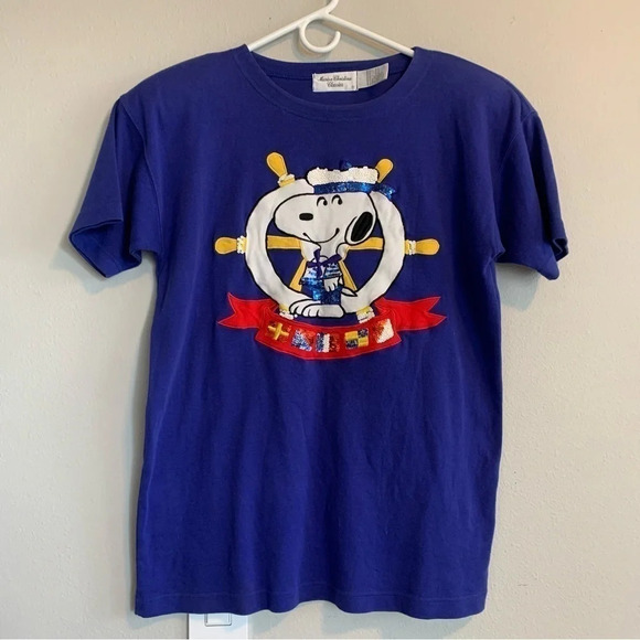 Vtg Marisa Christina Snoopy Sail Around The World Blue Sequined Shirt Medium - Picture 1 of 11